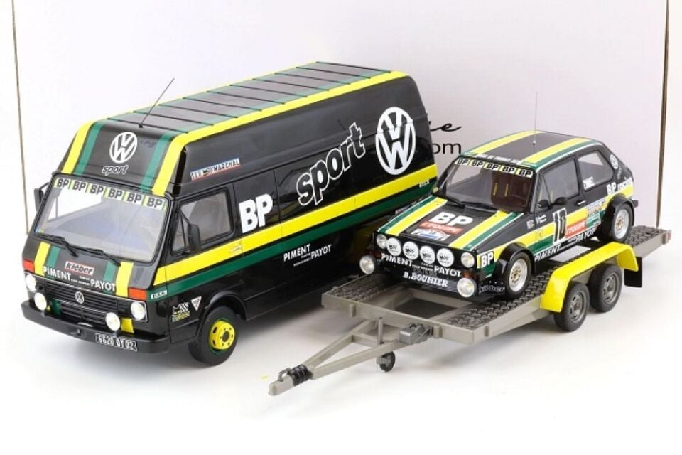 OTTO-MOBILE - VOLKSWAGEN - RALLY SET - VOLKSWAGEN LT35 VAN + TRAILER + GOLF GTi 1:18