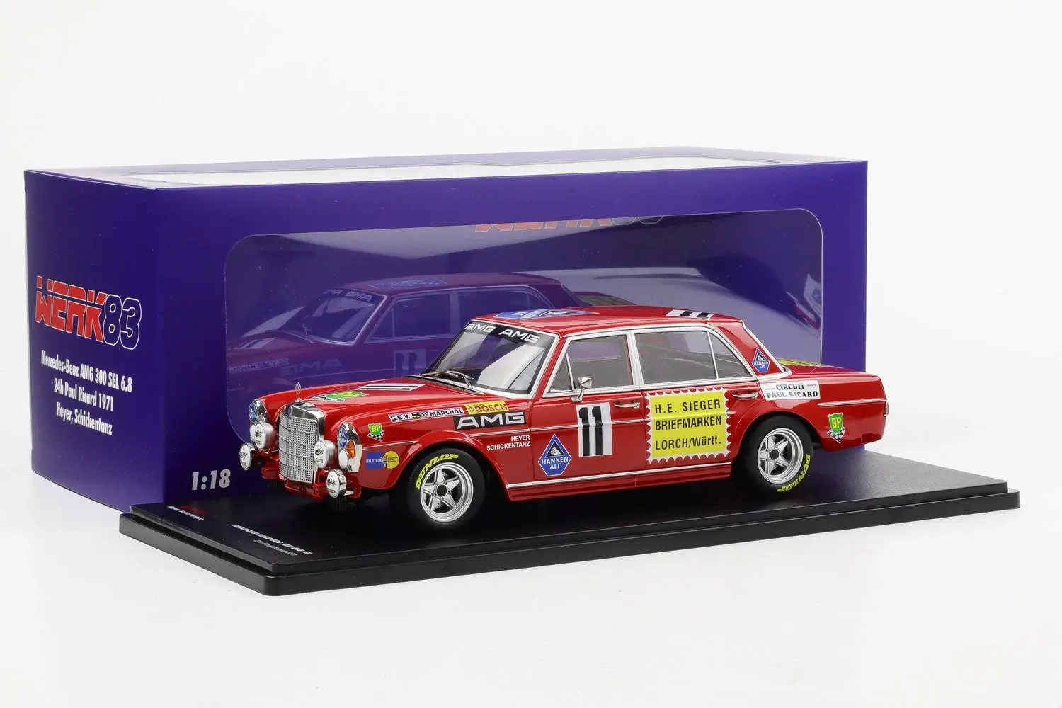 WERK83 MERCEDES-BENZ 300 SEL 6.8 #11 HEYER, SCHICKENTANZ 24h PAUL RICARD 1971 1:18(Kopya)