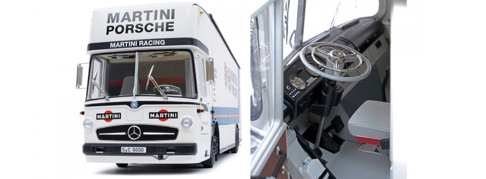 SCHUCO 1:18 Mercedes Benz Renntransporter '' Martini Porsche Racing ''