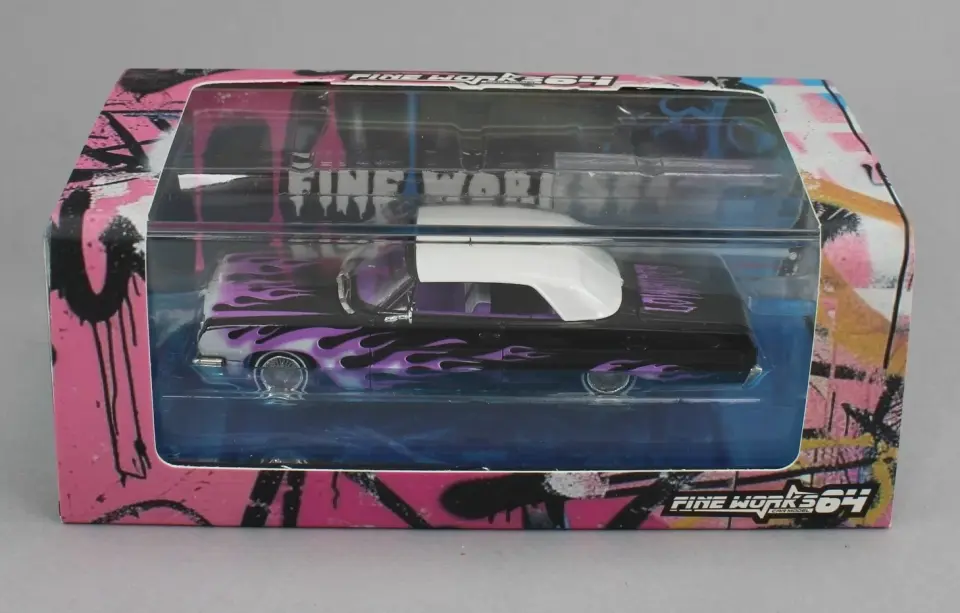 FINE WORKS64 CHEVROLET IMPALA LOWRIDER BLACK WITH PURPLE FIRE 1:64