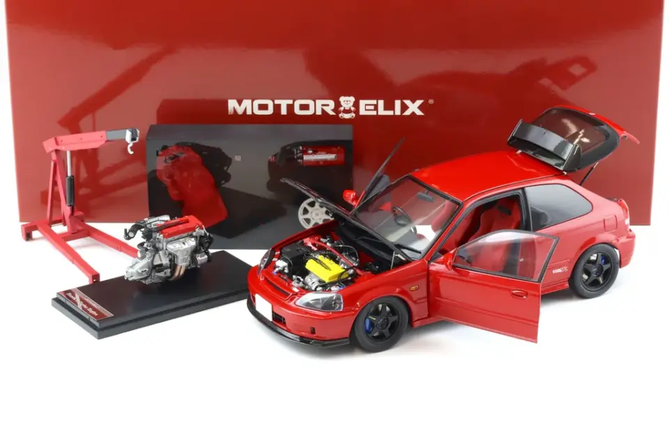 1:18 HONDA CIVIC TYPE R (EK9) -- RED W/BLACK CARBON FIBRE -- MOTORHELIX