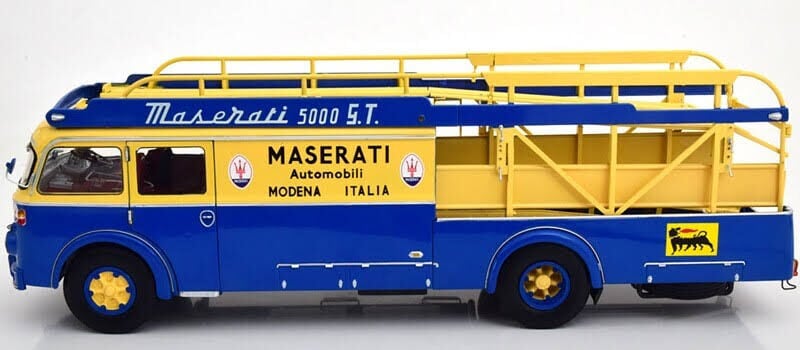 Fiat 642 RN2 Bartoletti Maserati Race Car Transporter 1957 blue / yellow 1:18 CMR