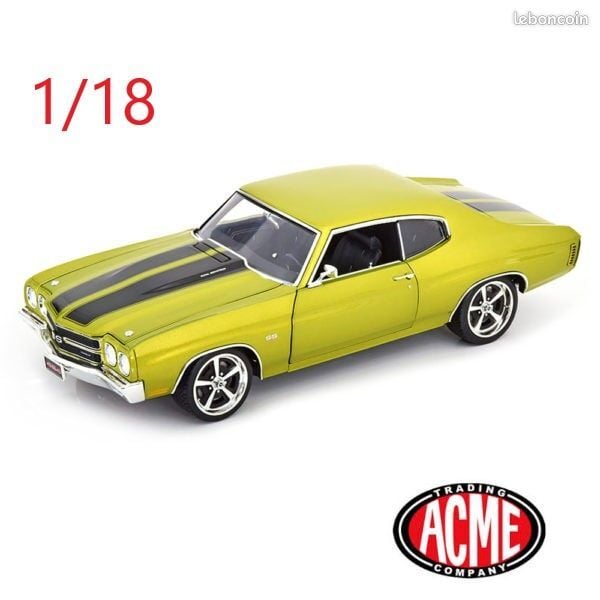 1/18 ACME 1970 Chevrolet Chevelle SS Restomod Hard Top (Citrus Green with Black Stripes Diecast Car Model