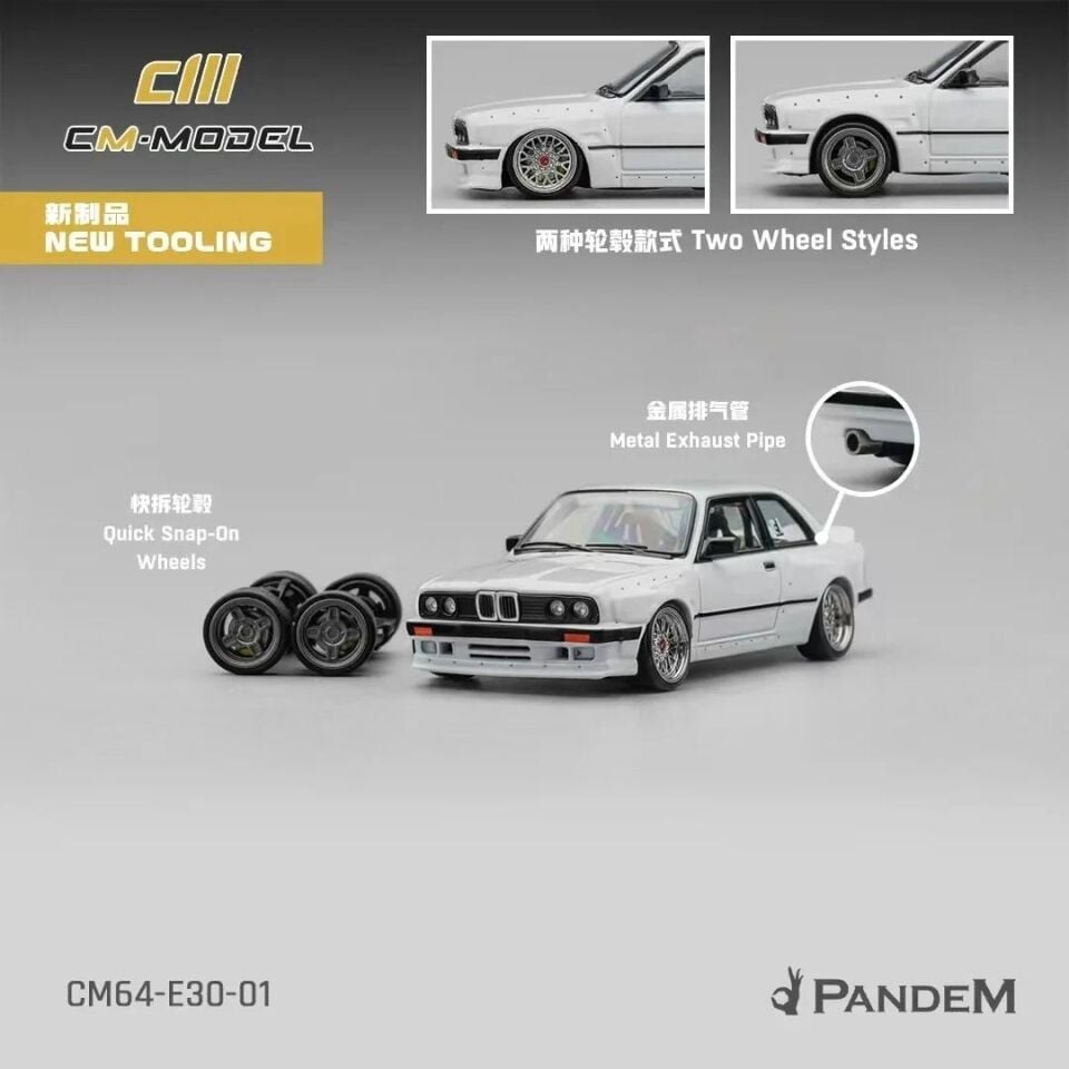 CM Model 1:64 Pandem BMW M3 E30 Pearl White w/ Extra Wheels Set
