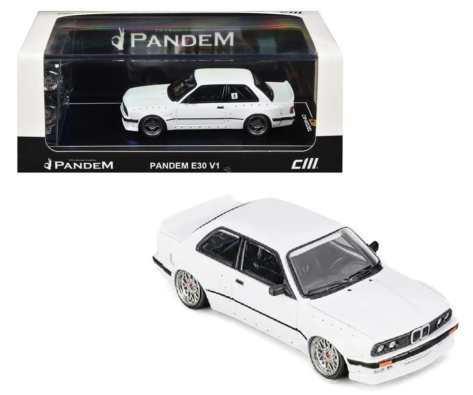 CM Model 1:64 Pandem BMW M3 E30 Pearl White w/ Extra Wheels Set