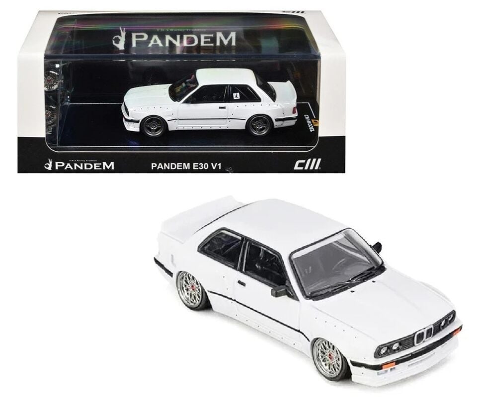 CM Model 1:64 Pandem BMW M3 E30 Pearl White w/ Extra Wheels Set